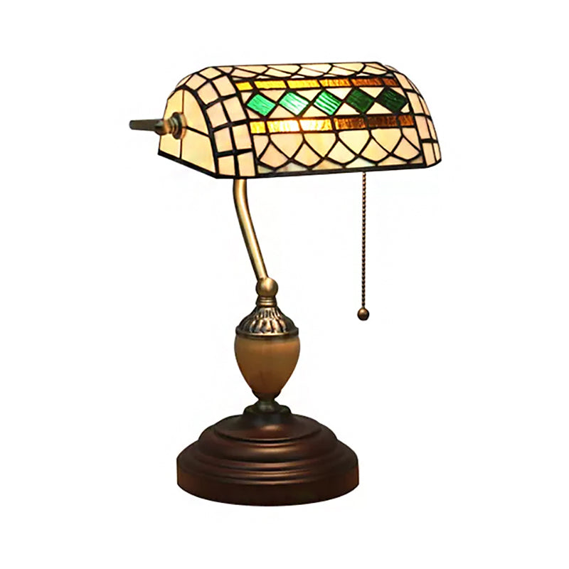 Tiffany Style Bankers Table Lamp - 1 Light, Stainless Glass, Brown Finish, Pull Chain