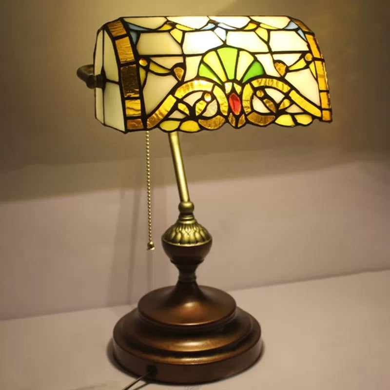 Tiffany Style Bankers Table Lamp - 1 Light, Stainless Glass, Brown Finish, Pull Chain