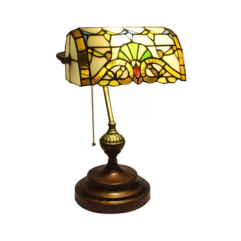 Tiffany Style Bankers Table Lamp - 1 Light, Stainless Glass, Brown Finish, Pull Chain