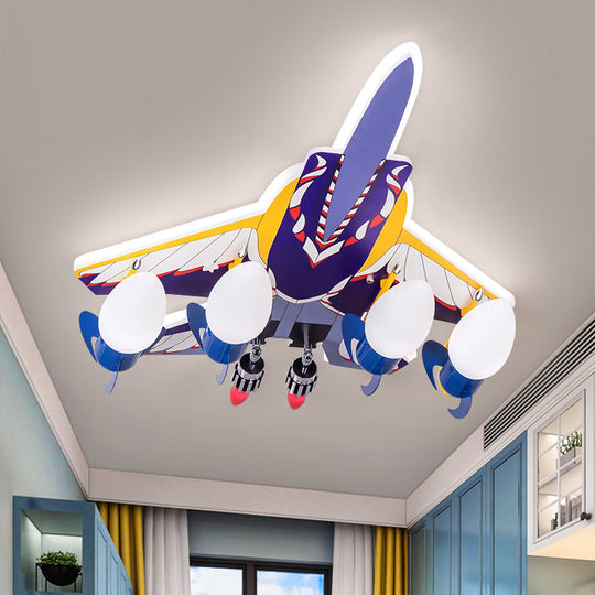 Rocket Kids Room Semi Flush Lamp with 4 Metallic Bulbs - Blue Ceiling Mounted Light