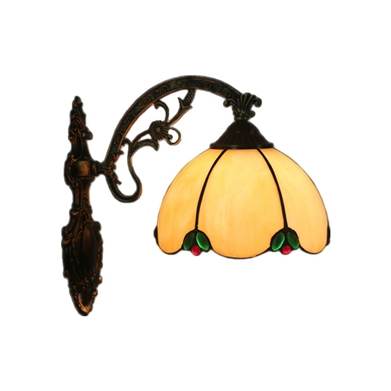 Hand-Cut Glass Tiffany Wall Lamp with Brass Mount & Scrolled Arm