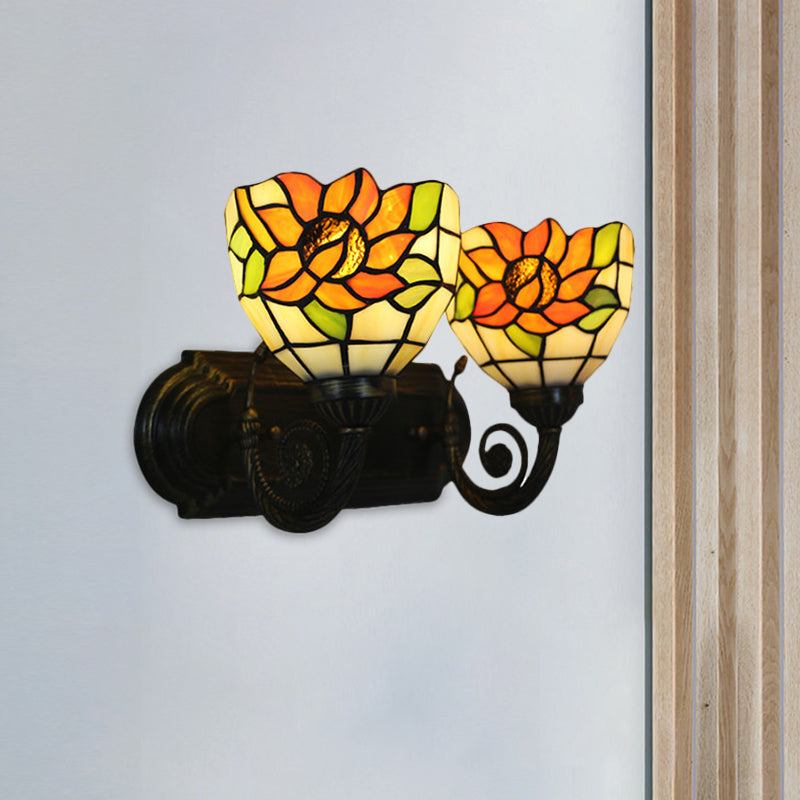 Sunflower Stained Glass Wall Sconce with 2 Lights & Brass Finish - Perfect for Bedrooms