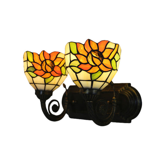 Sunflower Stained Glass Wall Sconce with 2 Lights & Brass Finish - Perfect for Bedrooms