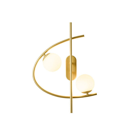 Modernist Milk Glass Ball 2-Bulb LED Wall Sconce for Living Room - Brass Finish