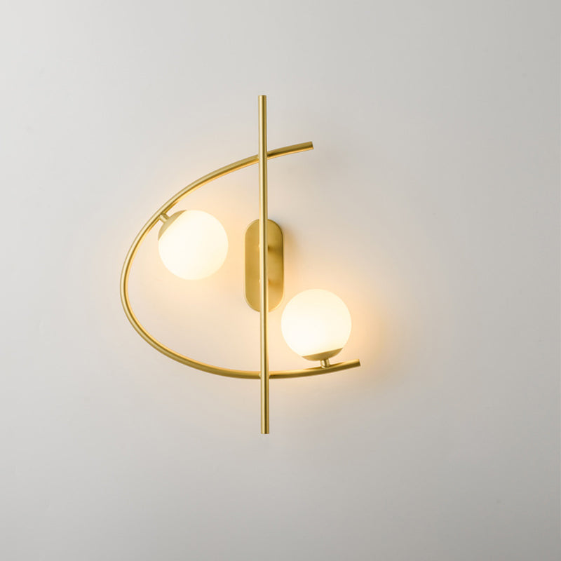 Modernist Milk Glass Ball 2-Bulb LED Wall Sconce for Living Room - Brass Finish