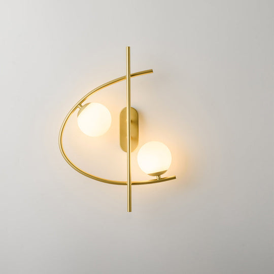 Modernist Milk Glass Ball 2-Bulb LED Wall Sconce for Living Room - Brass Finish