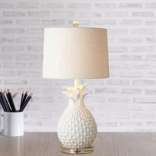 Pineapple Night Light: Resin Cartoon Table Lamp with Drum Fabric Shade, 1 Bulb, White/Yellow Glow