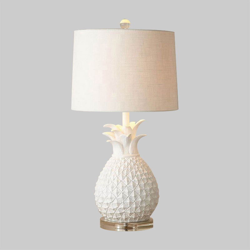 Pineapple Night Light: Resin Cartoon Table Lamp with Drum Fabric Shade, 1 Bulb, White/Yellow Glow