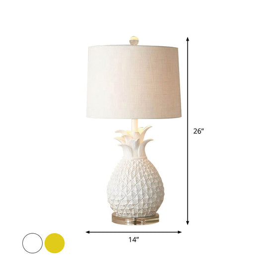 Pineapple Night Light: Resin Cartoon Table Lamp with Drum Fabric Shade, 1 Bulb, White/Yellow Glow