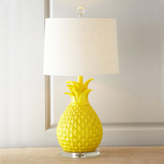 Pineapple Night Light: Resin Cartoon Table Lamp with Drum Fabric Shade, 1 Bulb, White/Yellow Glow