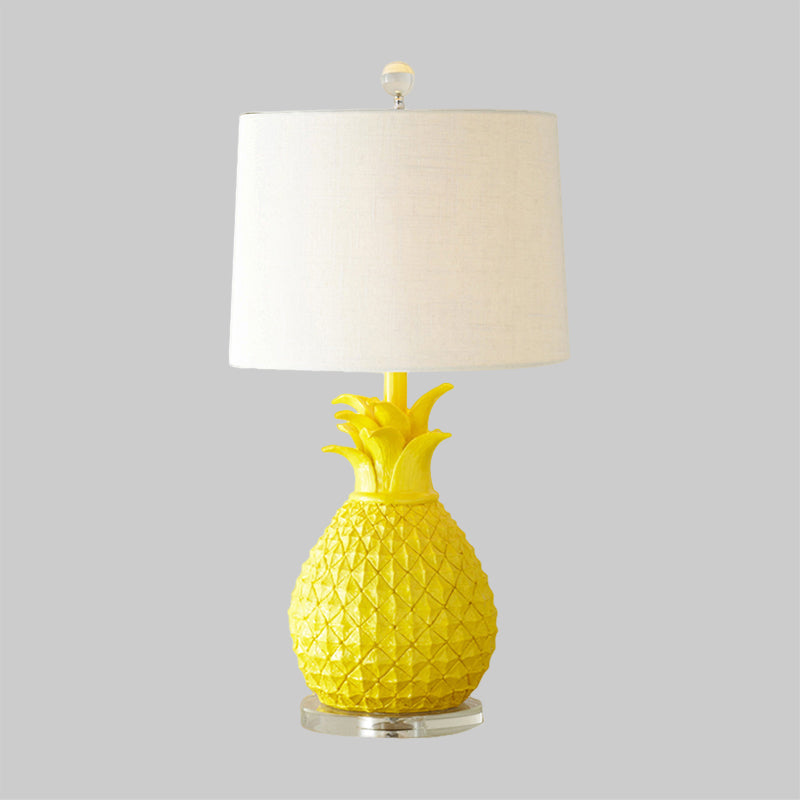 Pineapple Night Light: Resin Cartoon Table Lamp with Drum Fabric Shade, 1 Bulb, White/Yellow Glow