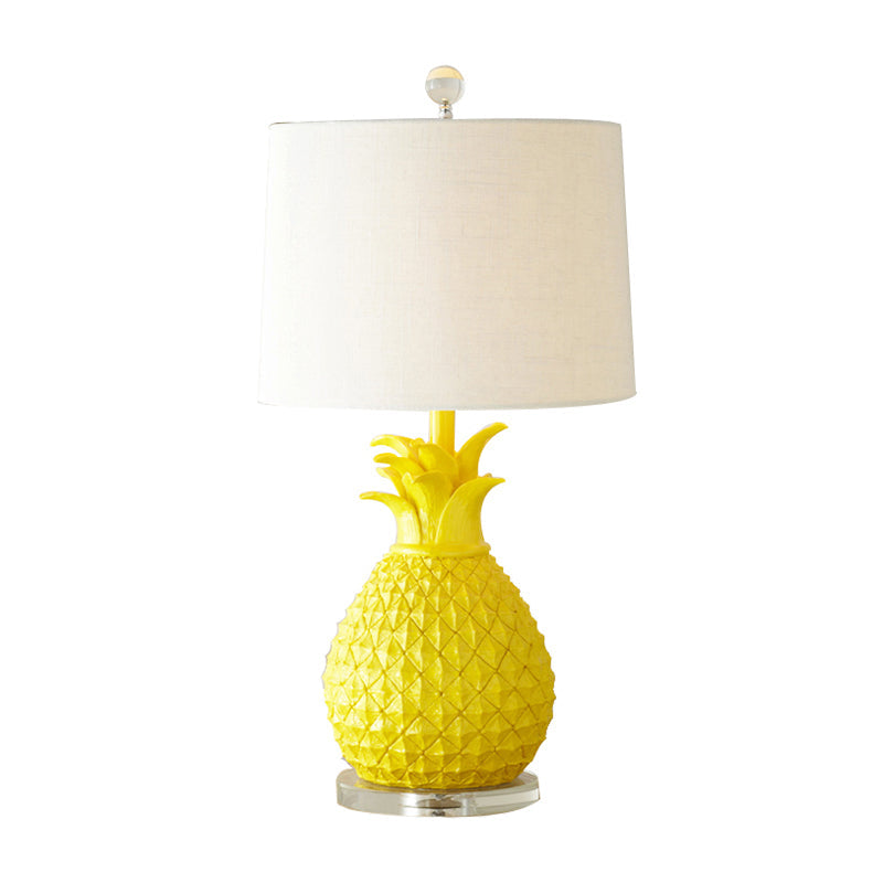 Pineapple Night Light: Resin Cartoon Table Lamp with Drum Fabric Shade, 1 Bulb, White/Yellow Glow