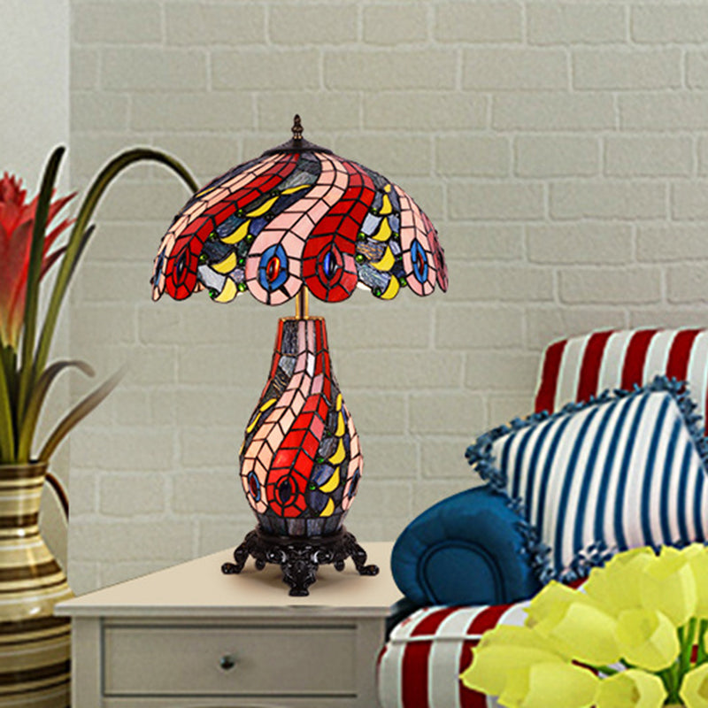 Red Tiffany Glass Scalloped Dome Table Lamp with Peacock Pattern - 2-Light Night Light