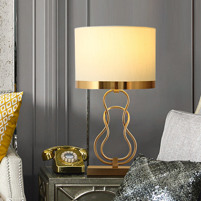 Situla - Vintage Brass 1-Light Task Lamp Vintage Fabric Drum Shade Nightstand Lighting with Gourd Base