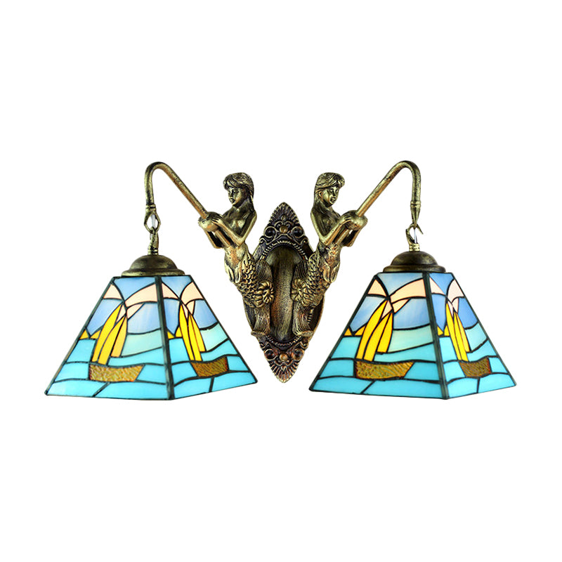 Mediterranean Blue Glass Sailboat Sconce Lighting - Antique Brass Wall Mount - 2 Heads