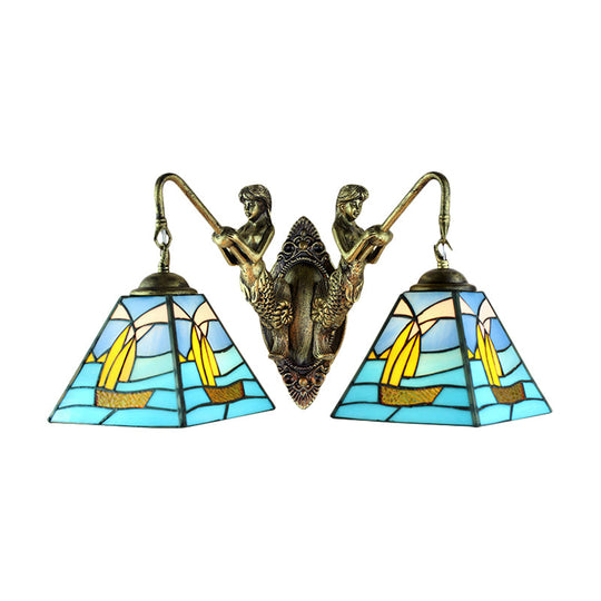 Mediterranean Blue Glass Sailboat Sconce Lighting - Antique Brass Wall Mount - 2 Heads