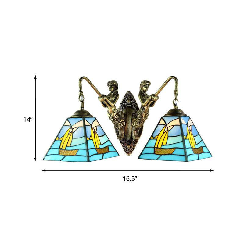 Mediterranean Blue Glass Sailboat Sconce Lighting - Antique Brass Wall Mount - 2 Heads