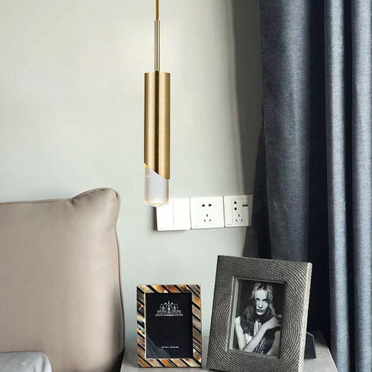 Modern Gold Metal Pendant Light for Bedroom - Tubular Suspension Design, 1 Bulb