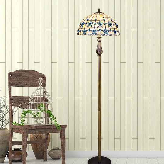 Blue Grid Dome Shell Baroque Floor Lamp with 2 Heads and Floret Pattern