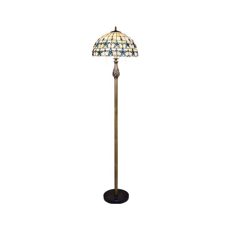 Blue Grid Dome Shell Baroque Floor Lamp with 2 Heads and Floret Pattern