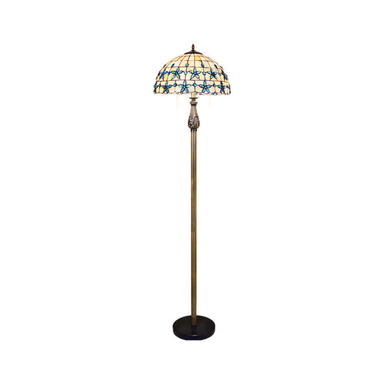 Blue Grid Dome Shell Baroque Floor Lamp with 2 Heads and Floret Pattern