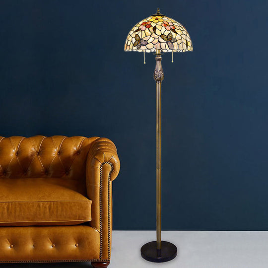 Tiffany Dome Reading Floor Light - 2 Lights, Shell Butterfly and Flower Design, White