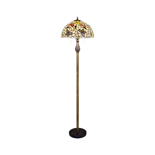 Tiffany Dome Reading Floor Light - 2 Lights, Shell Butterfly and Flower Design, White