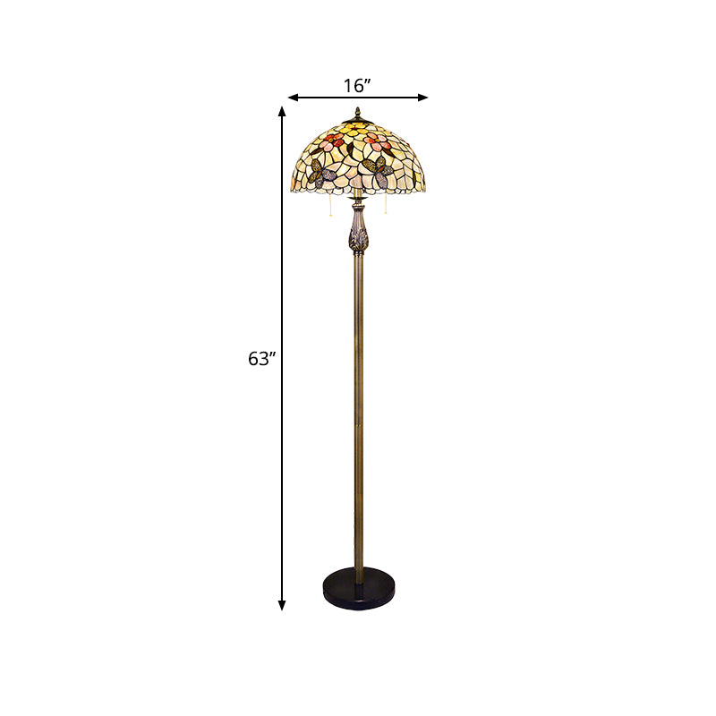 Tiffany Dome Reading Floor Light - 2 Lights, Shell Butterfly and Flower Design, White