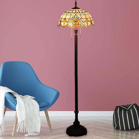 Baroque Dome Hand-Cut Glass Floor Lamp with Pull Chain - 2 Bulbs, Black