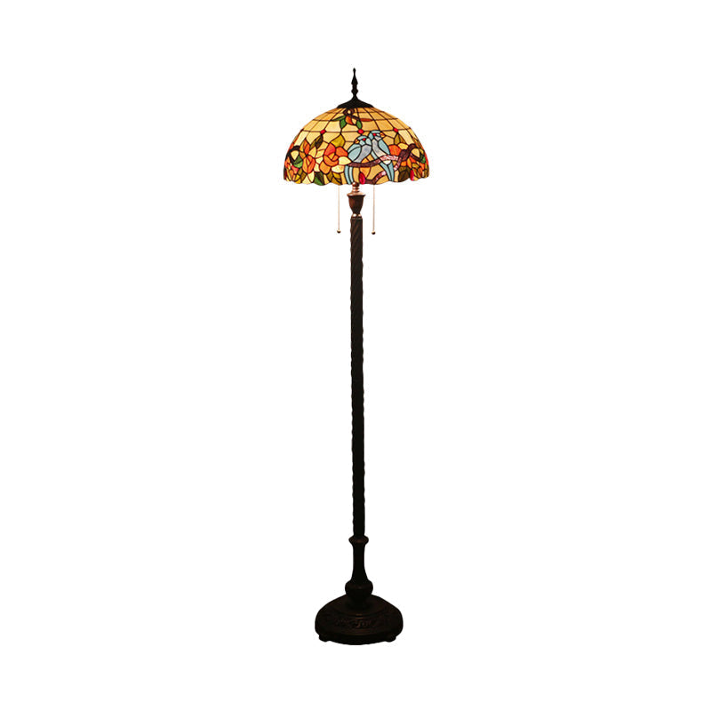 Victorian Copper Standing Lamp with Cut Glass Flower and Bird Design, 2 Lights and Bowl Shade