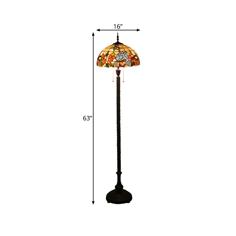 Victorian Copper Standing Lamp with Cut Glass Flower and Bird Design, 2 Lights and Bowl Shade