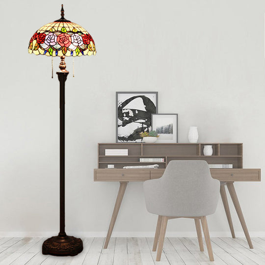 Victorian Stained Glass Rose Floor Lamp with 2 Green Reading Heads and Dome Shade