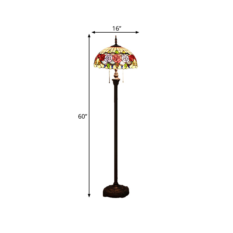 Victorian Stained Glass Rose Floor Lamp with 2 Green Reading Heads and Dome Shade