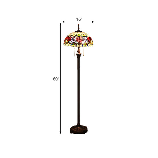 Victorian Stained Glass Rose Floor Lamp with 2 Green Reading Heads and Dome Shade