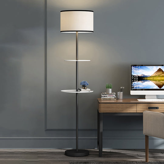 Traditional White Fabric Standing Floor Lamp with Shelves Design - 1 Head Drum Floor Light
