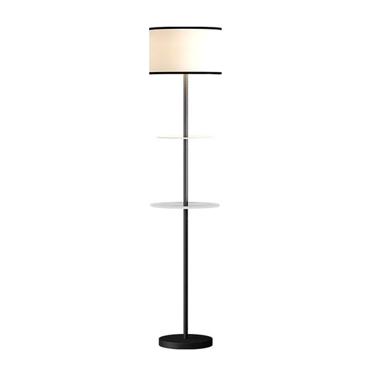 Traditional White Fabric Standing Floor Lamp with Shelves Design - 1 Head Drum Floor Light