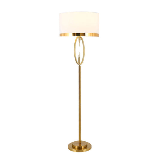 Brass Drum Stand Up Lamp: Classic Fabric 1-Light Floor Lighting for Living Room Reading with Circle Design