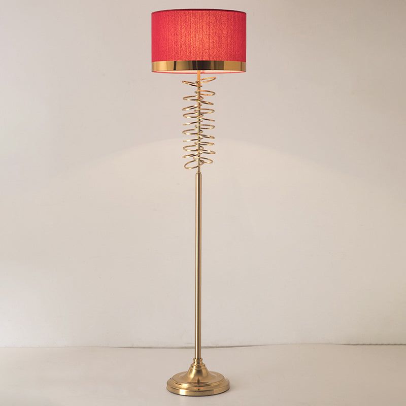 Antique Floor Lamp with White/Red Fabric Drum Shade, Single Head and Rings Deco - Ideal for Parlor