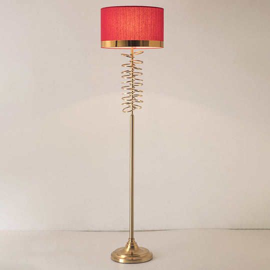 Antique Floor Lamp with White/Red Fabric Drum Shade, Single Head and Rings Deco - Ideal for Parlor