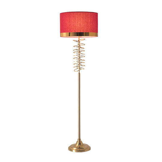 Antique Floor Lamp with White/Red Fabric Drum Shade, Single Head and Rings Deco - Ideal for Parlor
