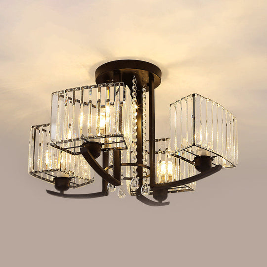 Sleek 5-Head Black Cuboid Semi Flush Ceiling Chandelier with Clear Crystal Shade - Simple Style