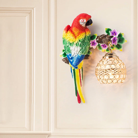 Antiqued Single Light Wall Sconce with Resin Parrot Design - Drawing Room Floral Wall Lighting Idea in Blue/Red with K9 Crystal Shade