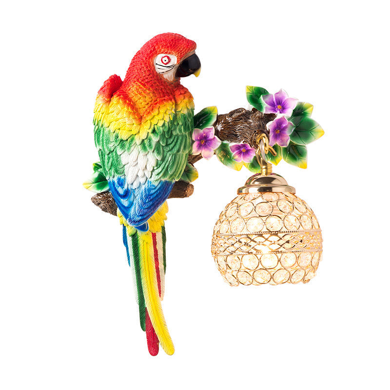 Antiqued Single Light Wall Sconce with Resin Parrot Design - Drawing Room Floral Wall Lighting Idea in Blue/Red with K9 Crystal Shade