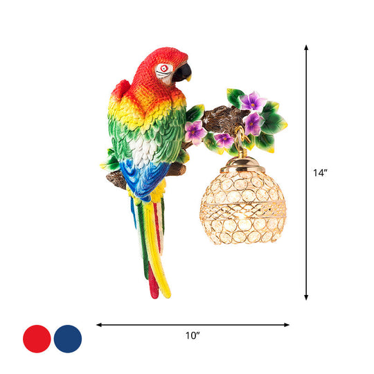 Antiqued Single Light Wall Sconce with Resin Parrot Design - Drawing Room Floral Wall Lighting Idea in Blue/Red with K9 Crystal Shade