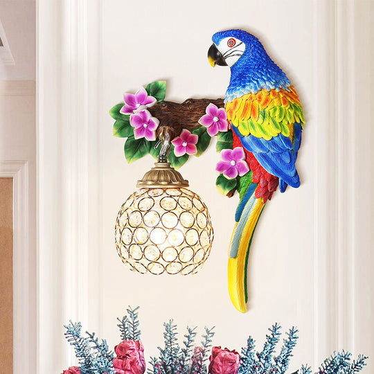 Antiqued Single Light Wall Sconce with Resin Parrot Design - Drawing Room Floral Wall Lighting Idea in Blue/Red with K9 Crystal Shade