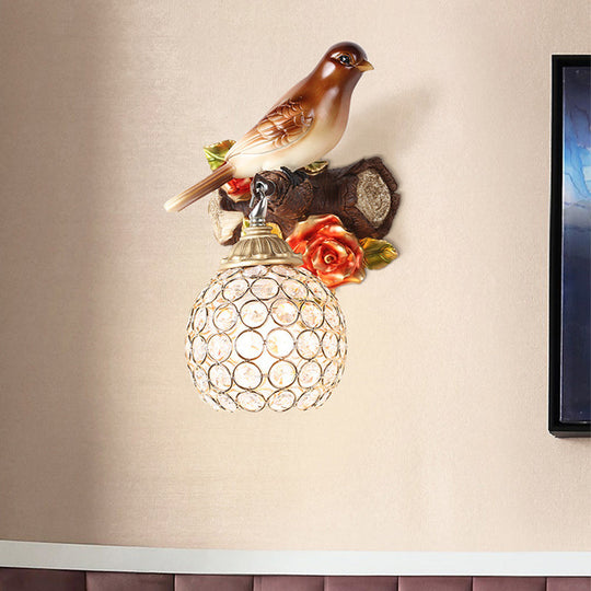 Retro Style Brown Wall Lamp with Crystal Encrusted Bubble Bird Design, Single Bulb, Left/Right Mount
