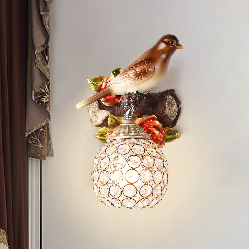 Retro Style Brown Wall Lamp with Crystal Encrusted Bubble Bird Design, Single Bulb, Left/Right Mount