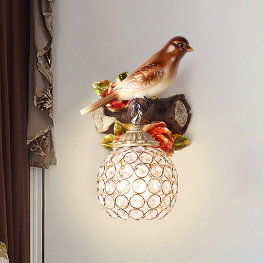 Retro Style Brown Wall Lamp with Crystal Encrusted Bubble Bird Design, Single Bulb, Left/Right Mount