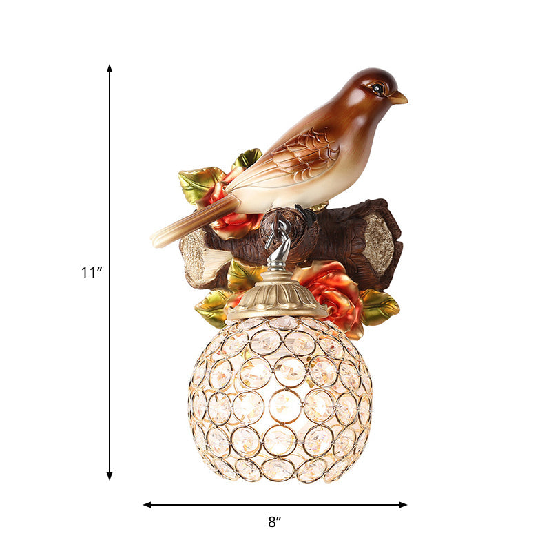 Retro Style Brown Wall Lamp with Crystal Encrusted Bubble Bird Design, Single Bulb, Left/Right Mount