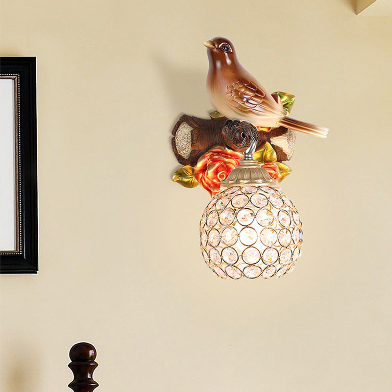 Retro Style Brown Wall Lamp with Crystal Encrusted Bubble Bird Design, Single Bulb, Left/Right Mount
